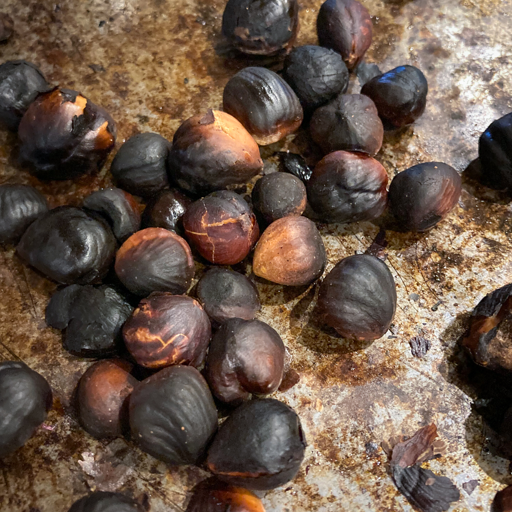 Burnt hazelnuts on an oven tray