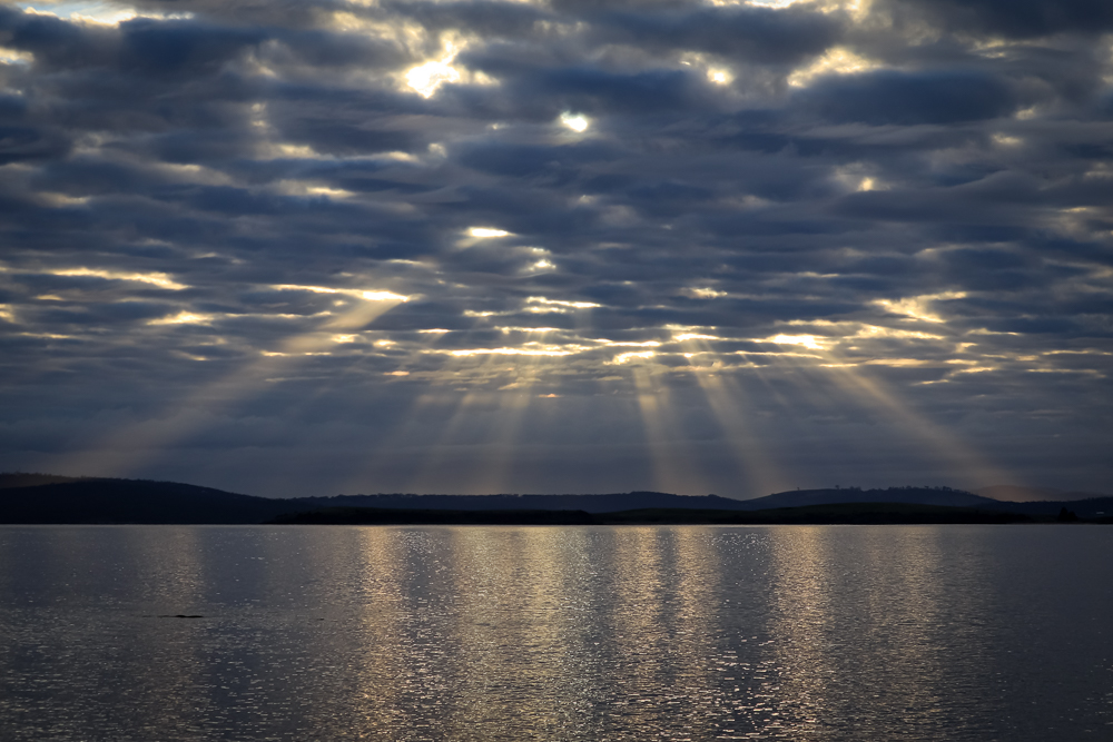Golden crepuscular rays spreading over a river