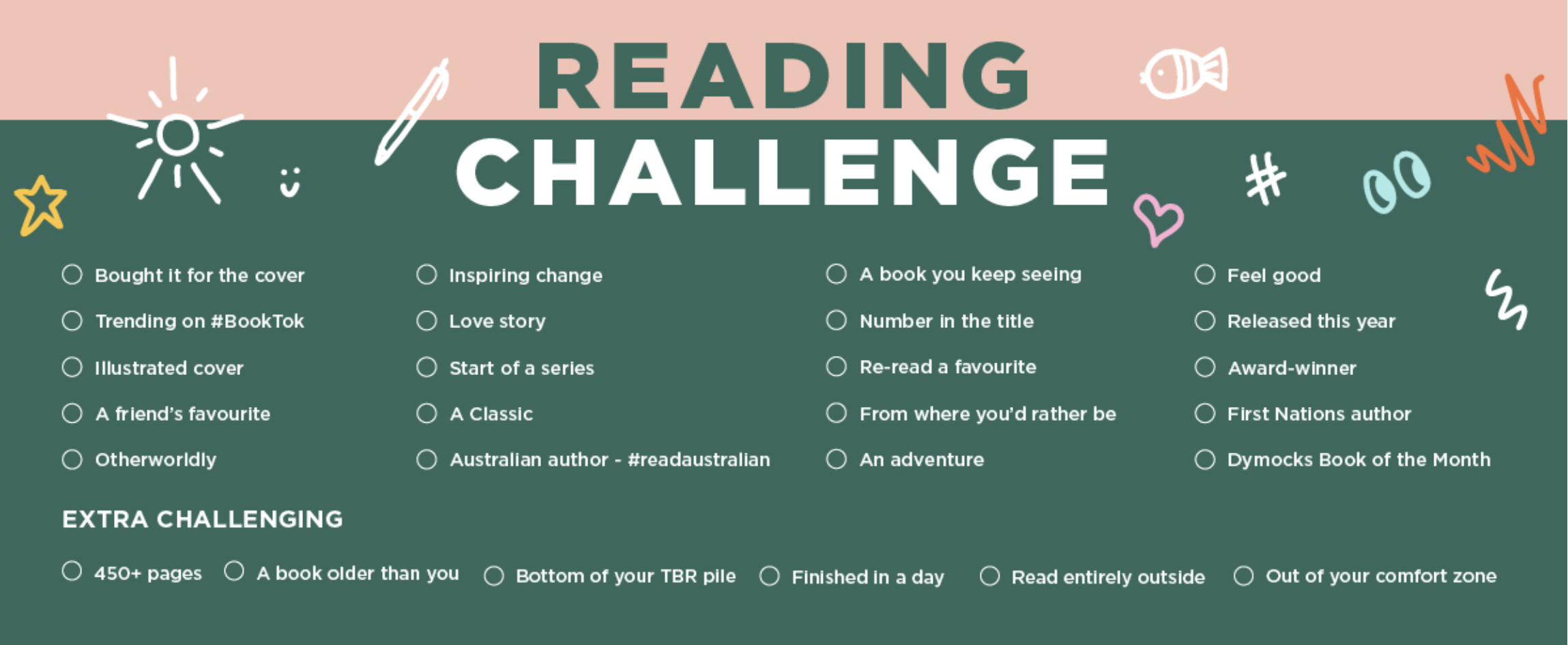 A green and pink tile with a list of 26 books to read in Dymocks 2022 Reading Challenge