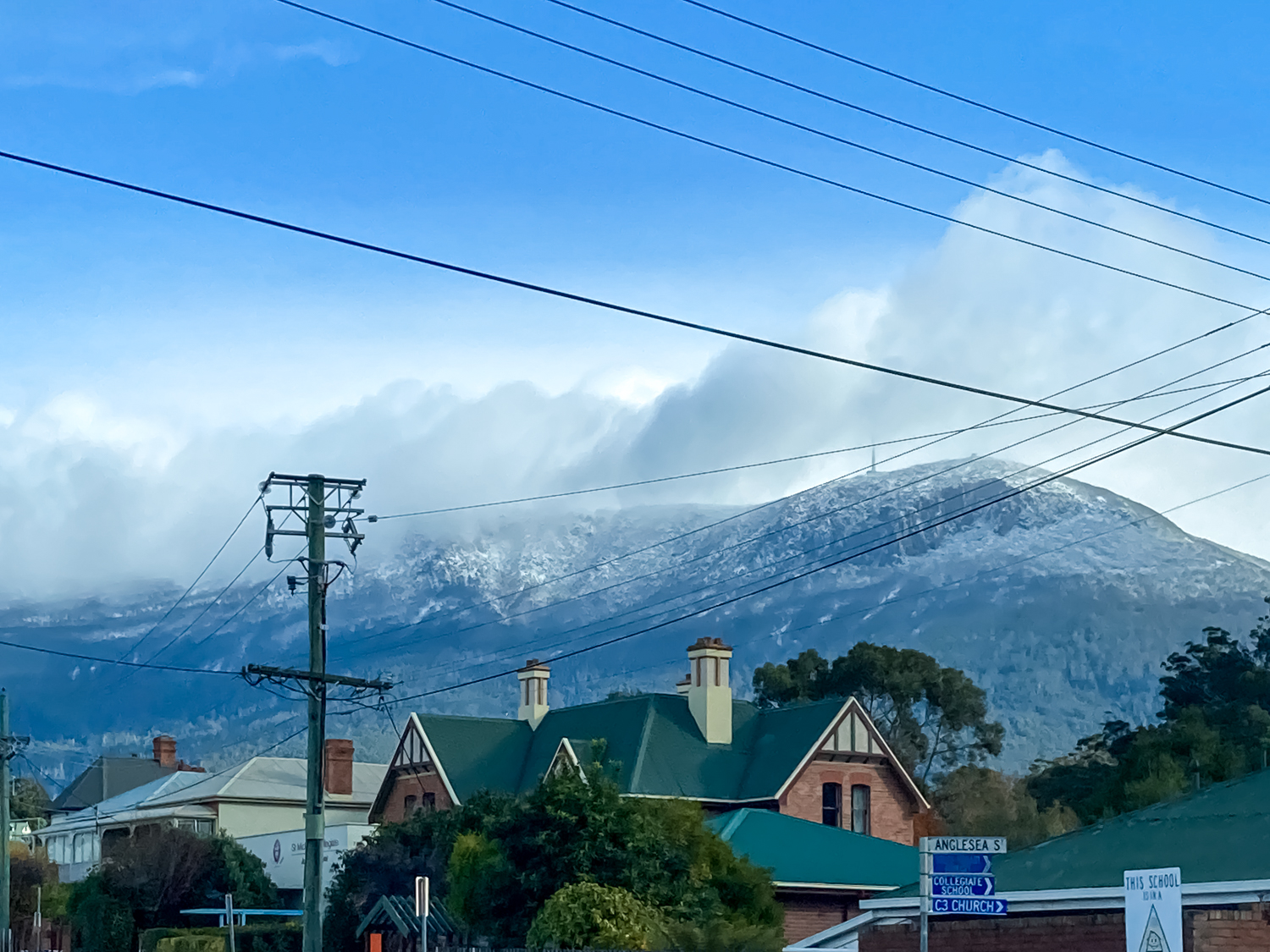 Snow-topped kunanyi from South Hobart